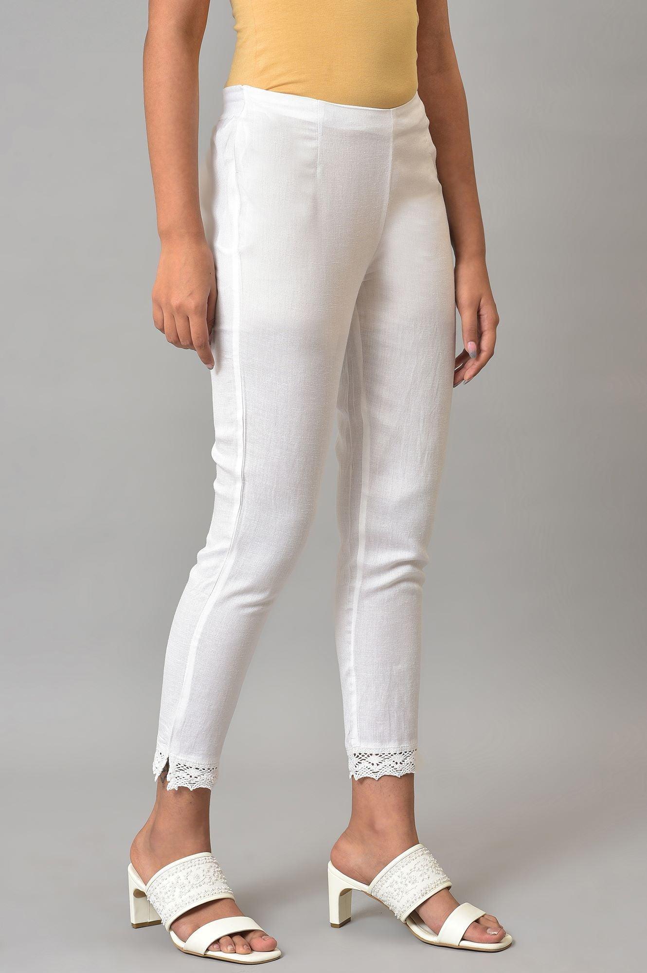 Plus Size White Slim Pants With Lace Detail - wforwoman