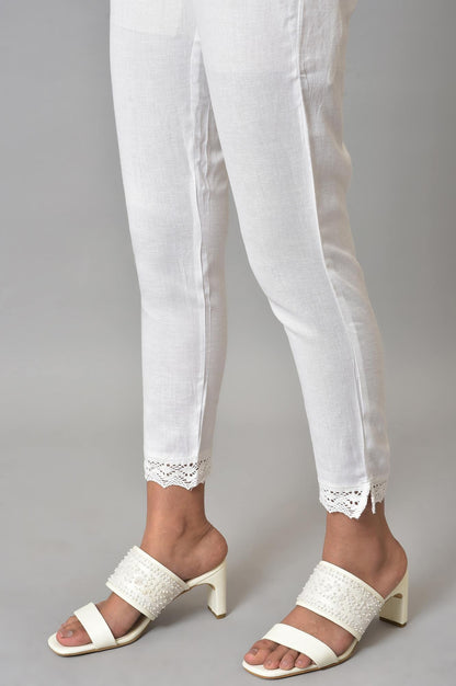 Plus Size White Slim Pants With Lace Detail - wforwoman