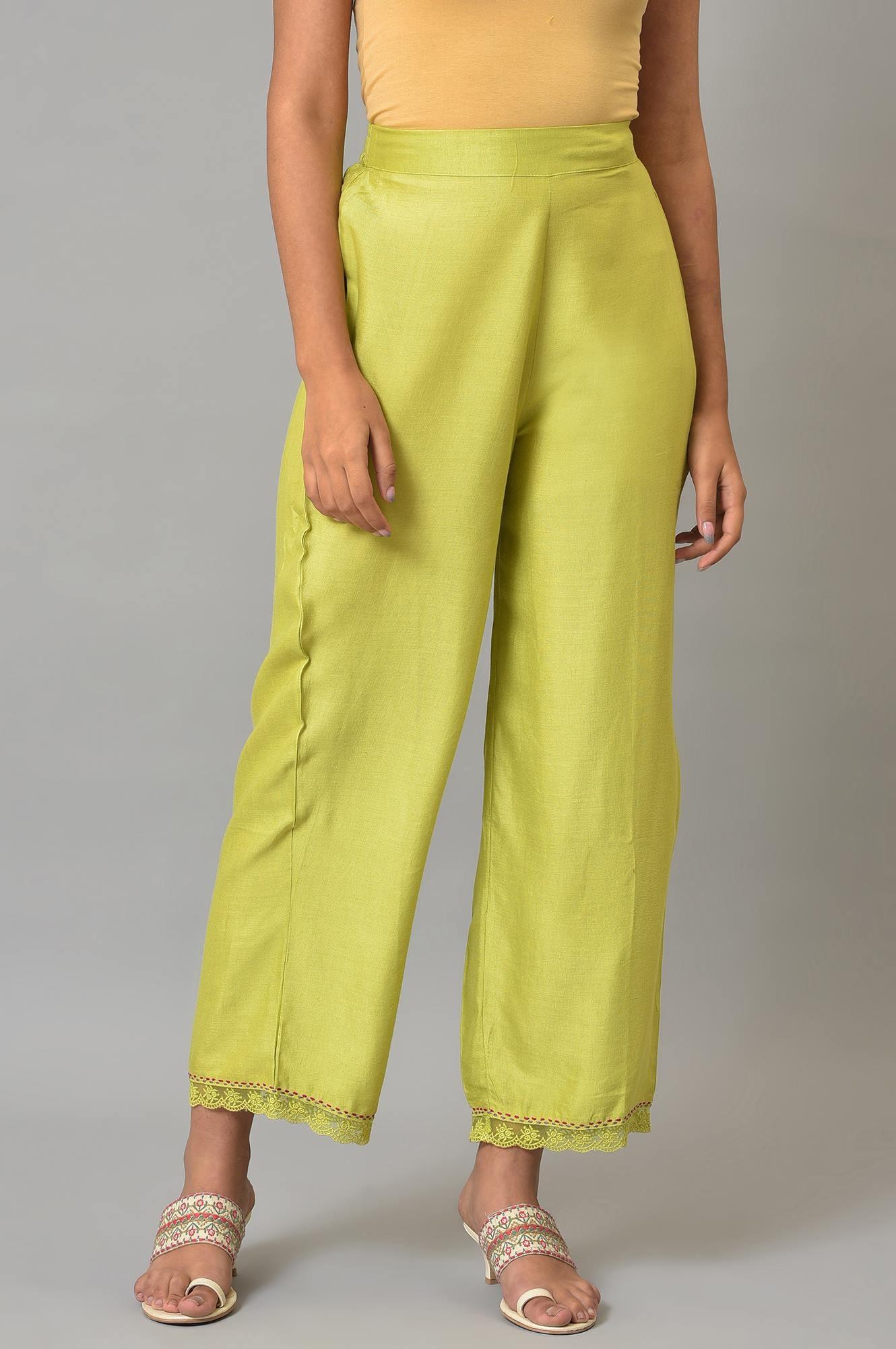 Light Green Slim Pants With Lace Detail - wforwoman