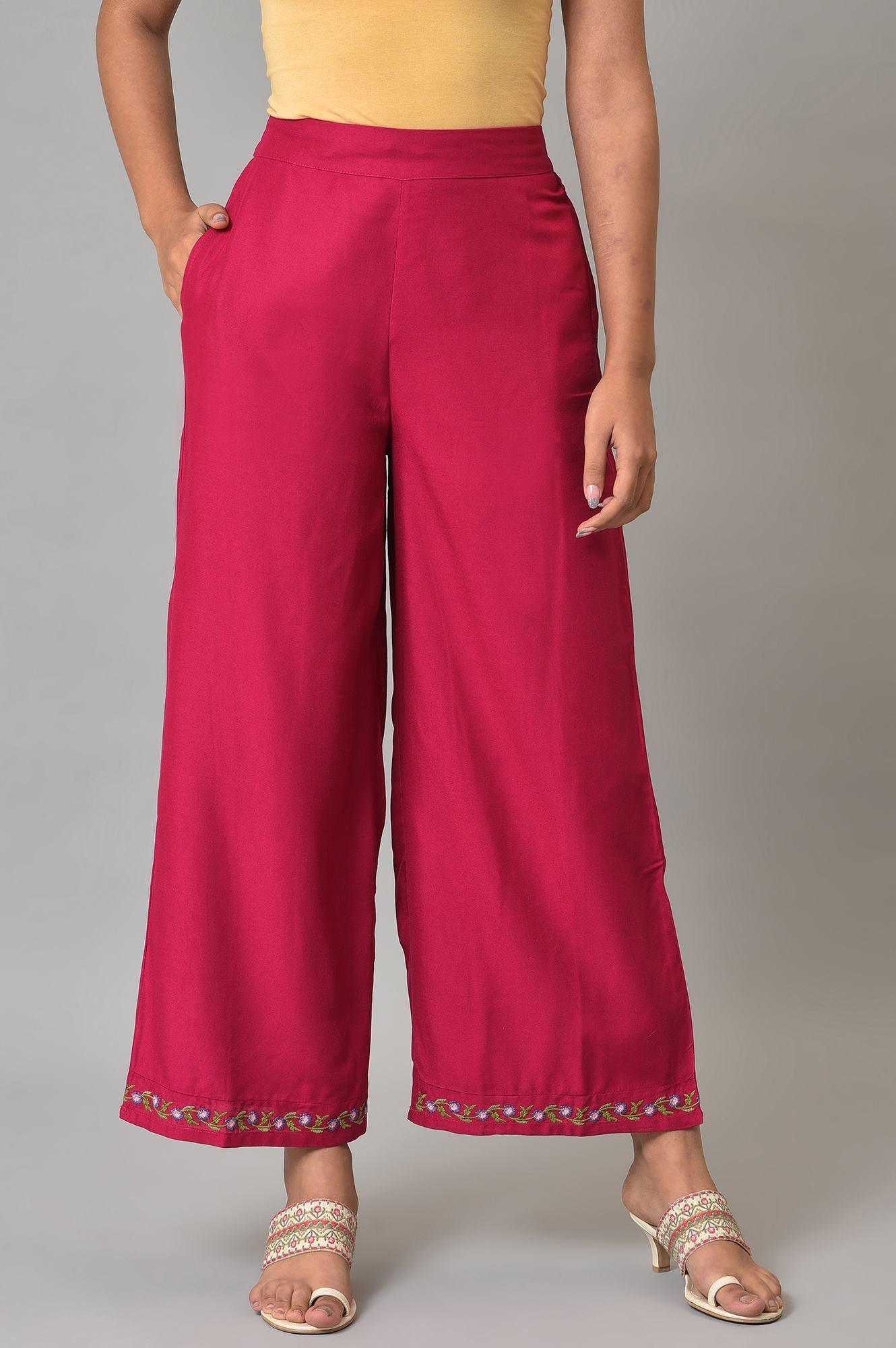 Pink Embroidered Plus Size Parallel Pants - wforwoman