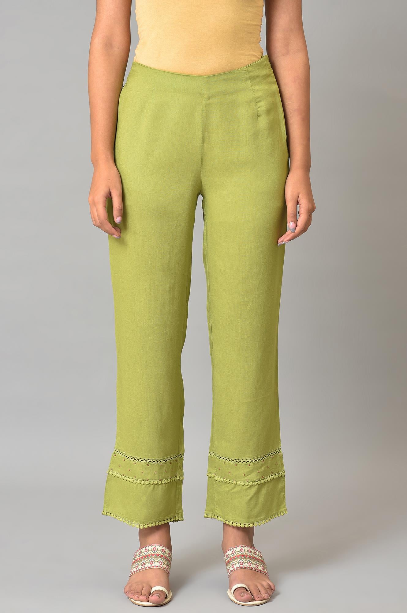 Nile Green Straight Pants With Lace