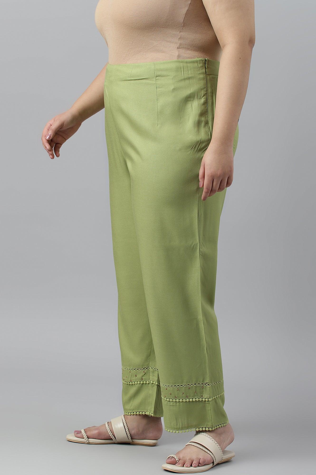 Green Straight Pants With Lace Details - wforwoman