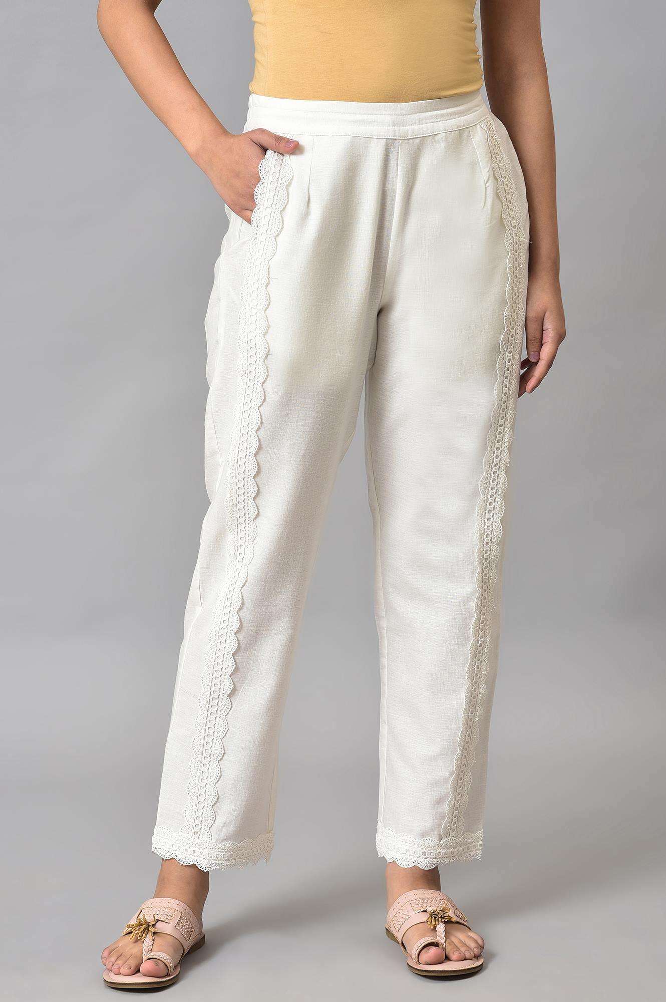 Plus Size Ecru Solid Lace Straight Pants - wforwoman