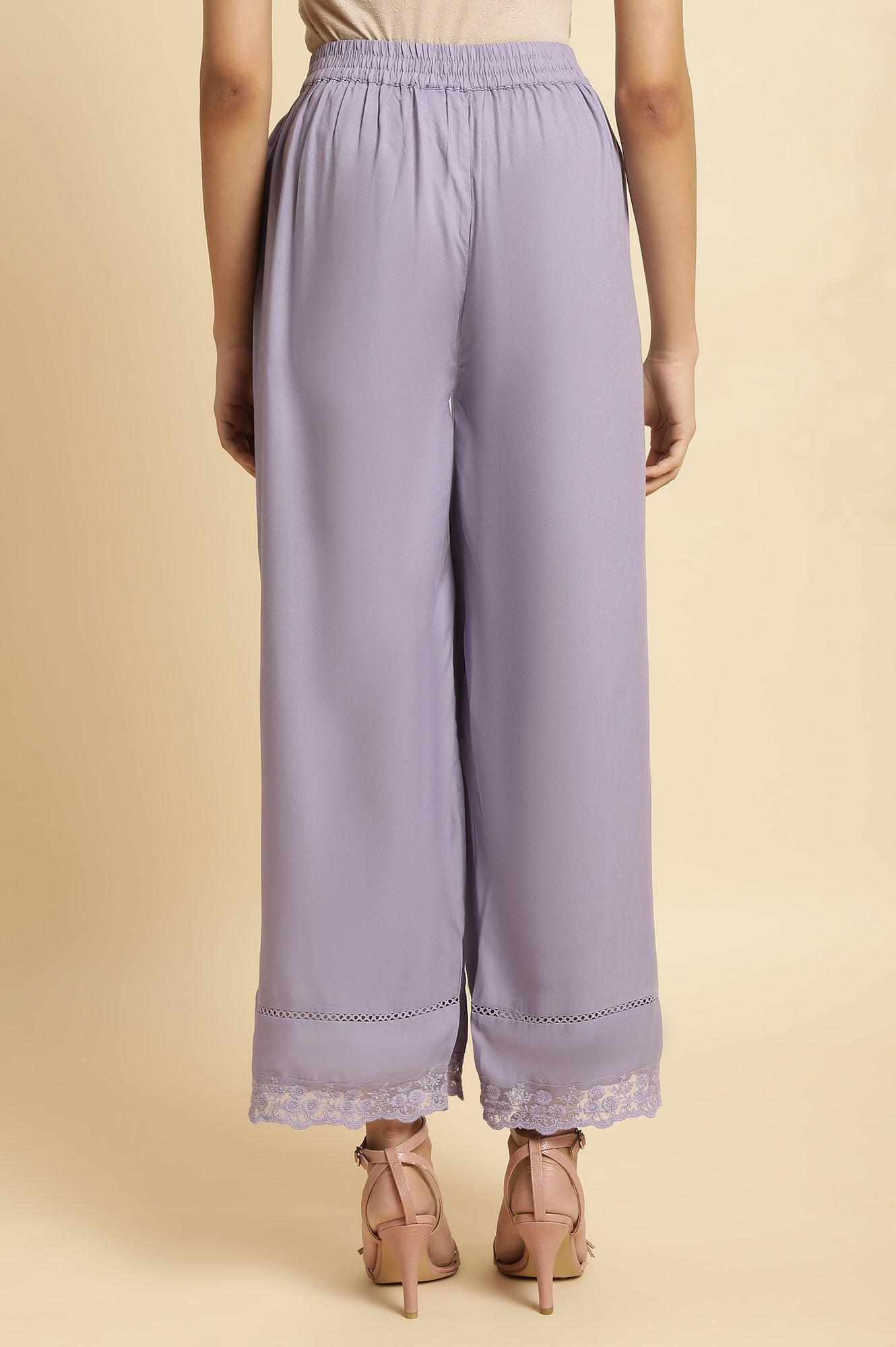 Purple Parallel Pants With Lace At Hemline - wforwoman