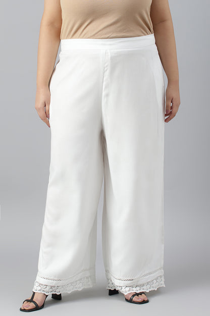 Ecru Parallel Pants With Lace At Hemline