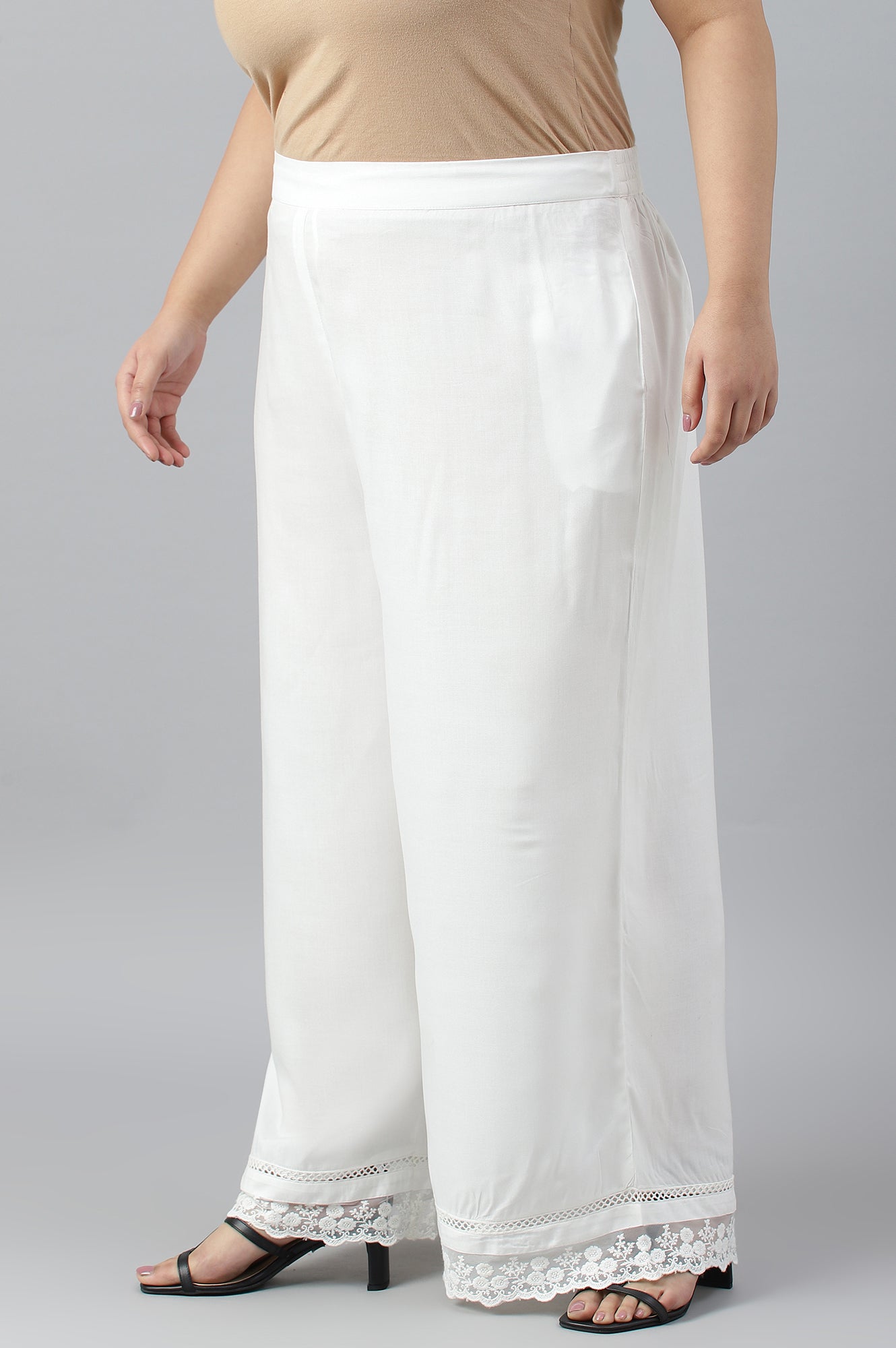 Ecru Parallel Pants With Lace At Hemline