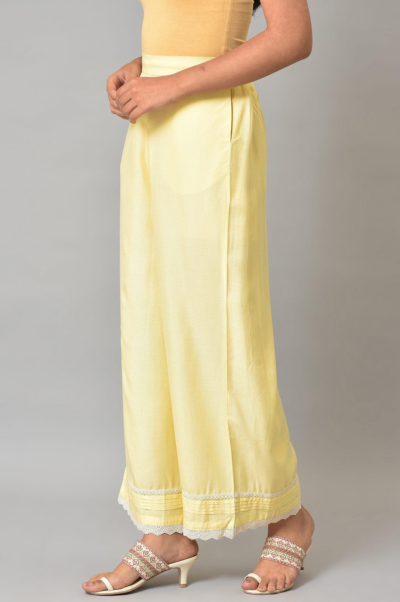 Lemonade Yellow Parallel Pants With Lace Border - wforwoman