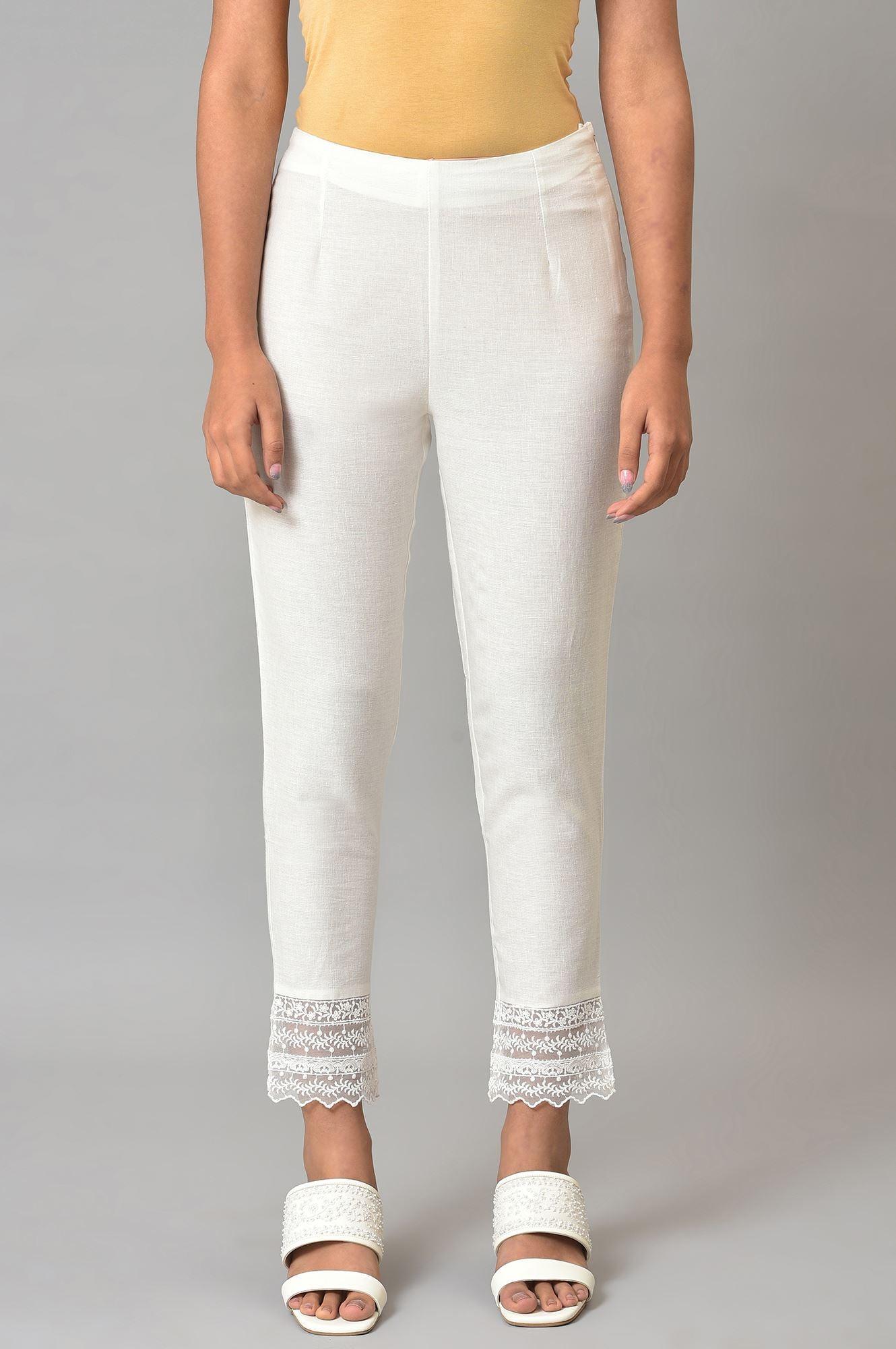 Ecru Solid Slim Pants With Lace - wforwoman