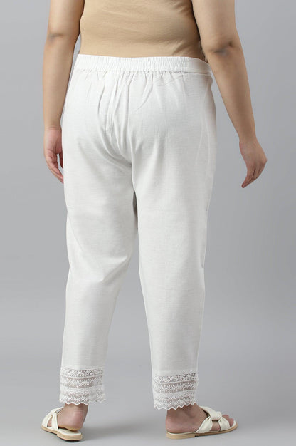 Ecru Slim Pants With Lace Hemline - wforwoman