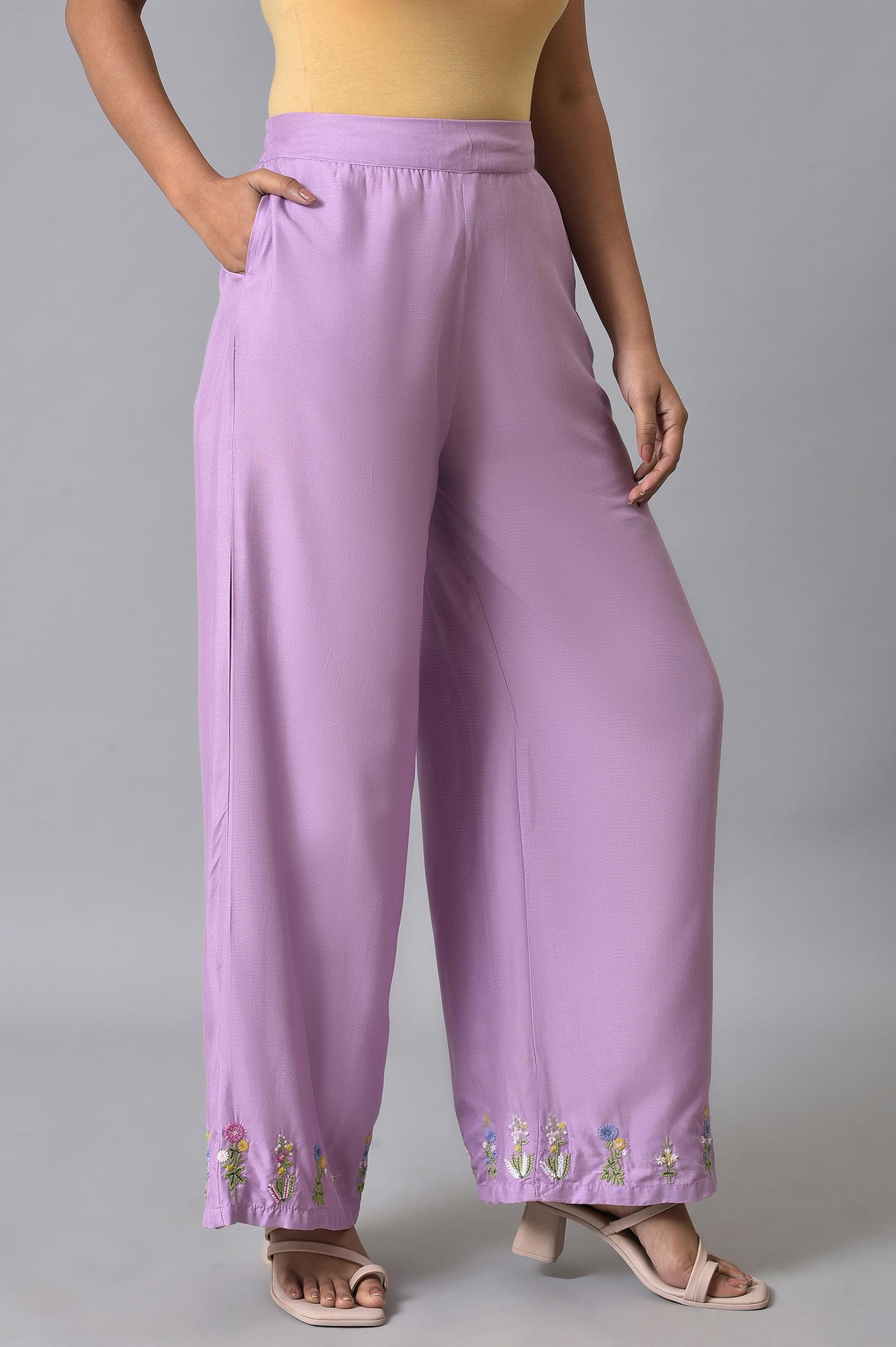 Purple Embroidered Parallel Pants