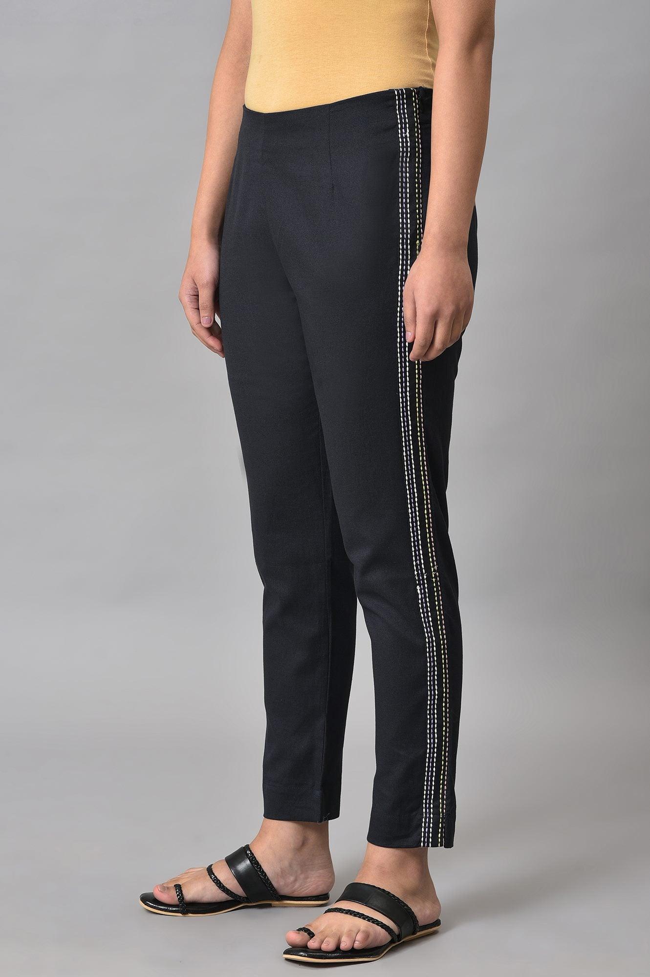 Black Parallel Pants With Side Embroidery - wforwoman