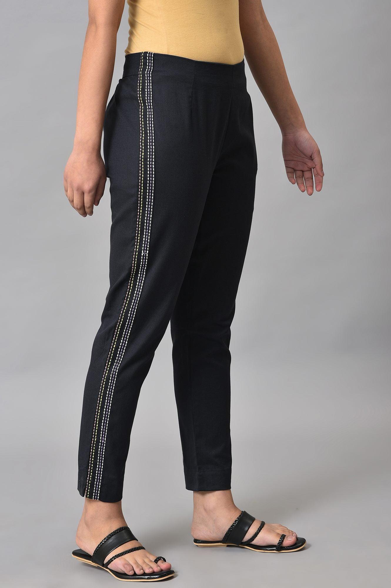 Plus Size Black Parallel Pants With Side Embroidery - wforwoman
