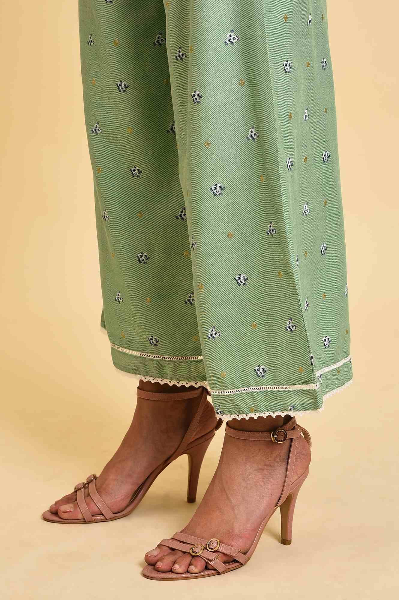 Light Green Floral Printed Parallel Pants - wforwoman