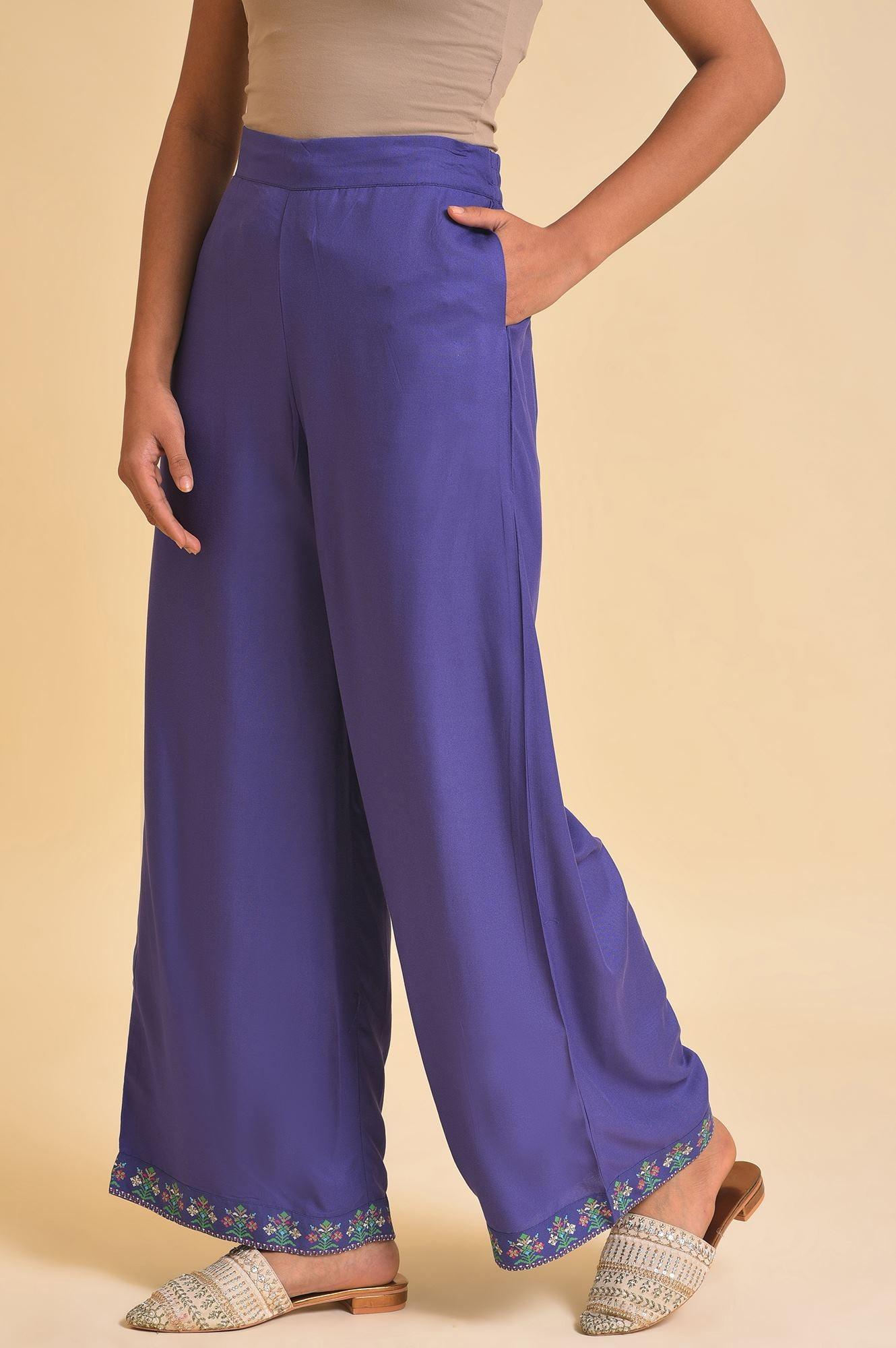 Purple Rayon Embroidered Parallel Pants - wforwoman