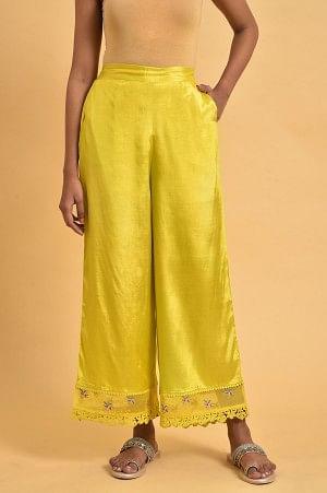 Plus Size Yellow Parallel Pants With Lace And Embroidery - wforwoman