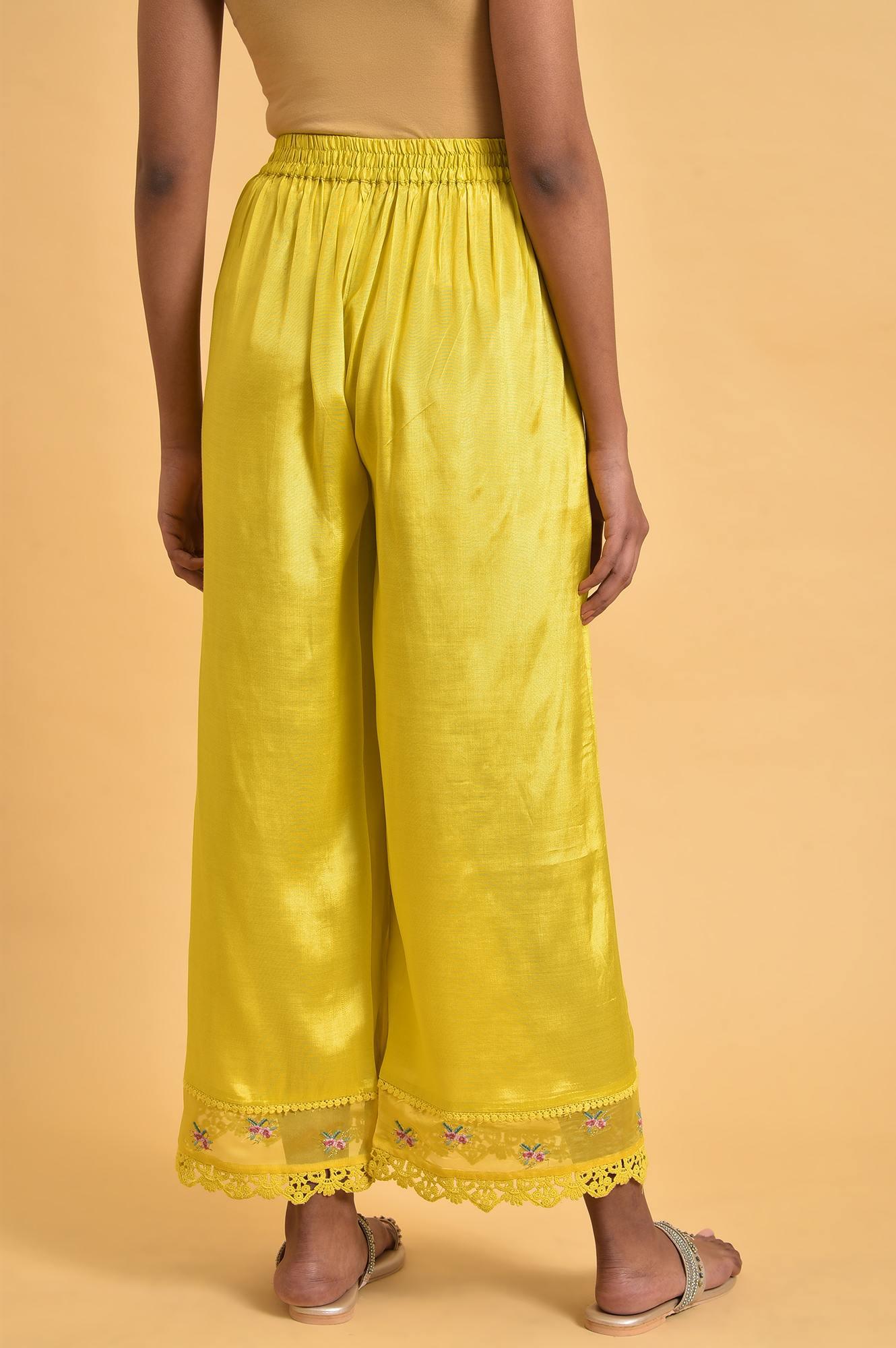 Yellow Parallel Pants With Lace And Embroidery - wforwoman