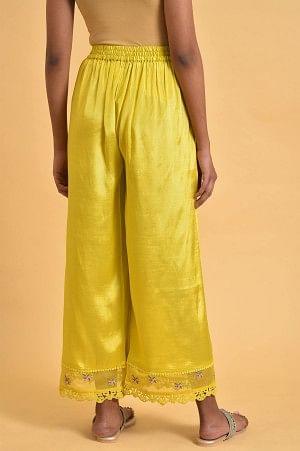 Plus Size Yellow Parallel Pants With Lace And Embroidery - wforwoman