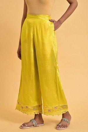 Plus Size Yellow Parallel Pants With Lace And Embroidery - wforwoman