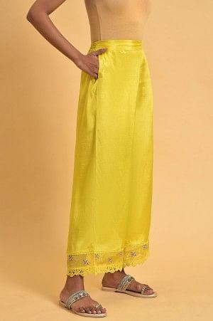 Plus Size Yellow Parallel Pants With Lace And Embroidery - wforwoman