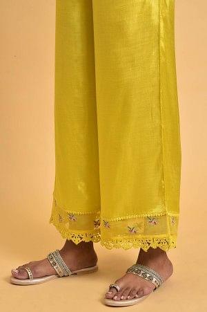 Plus Size Yellow Parallel Pants With Lace And Embroidery - wforwoman