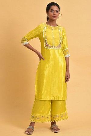 Plus Size Yellow Parallel Pants With Lace And Embroidery - wforwoman