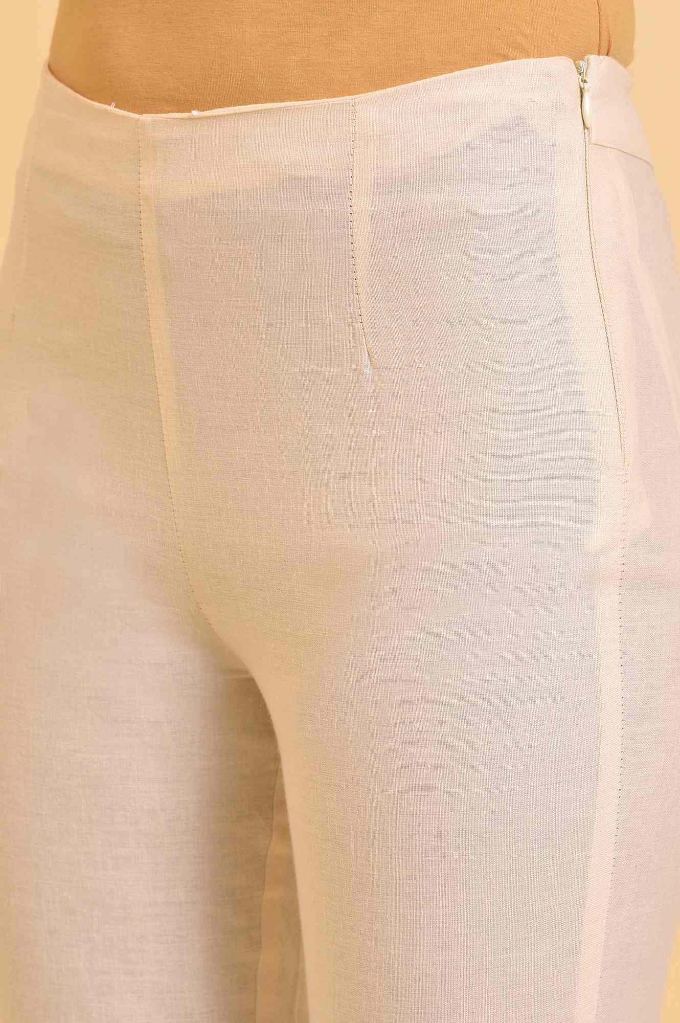 Ecru Solid Slim Pants With Lace On Hem - wforwoman