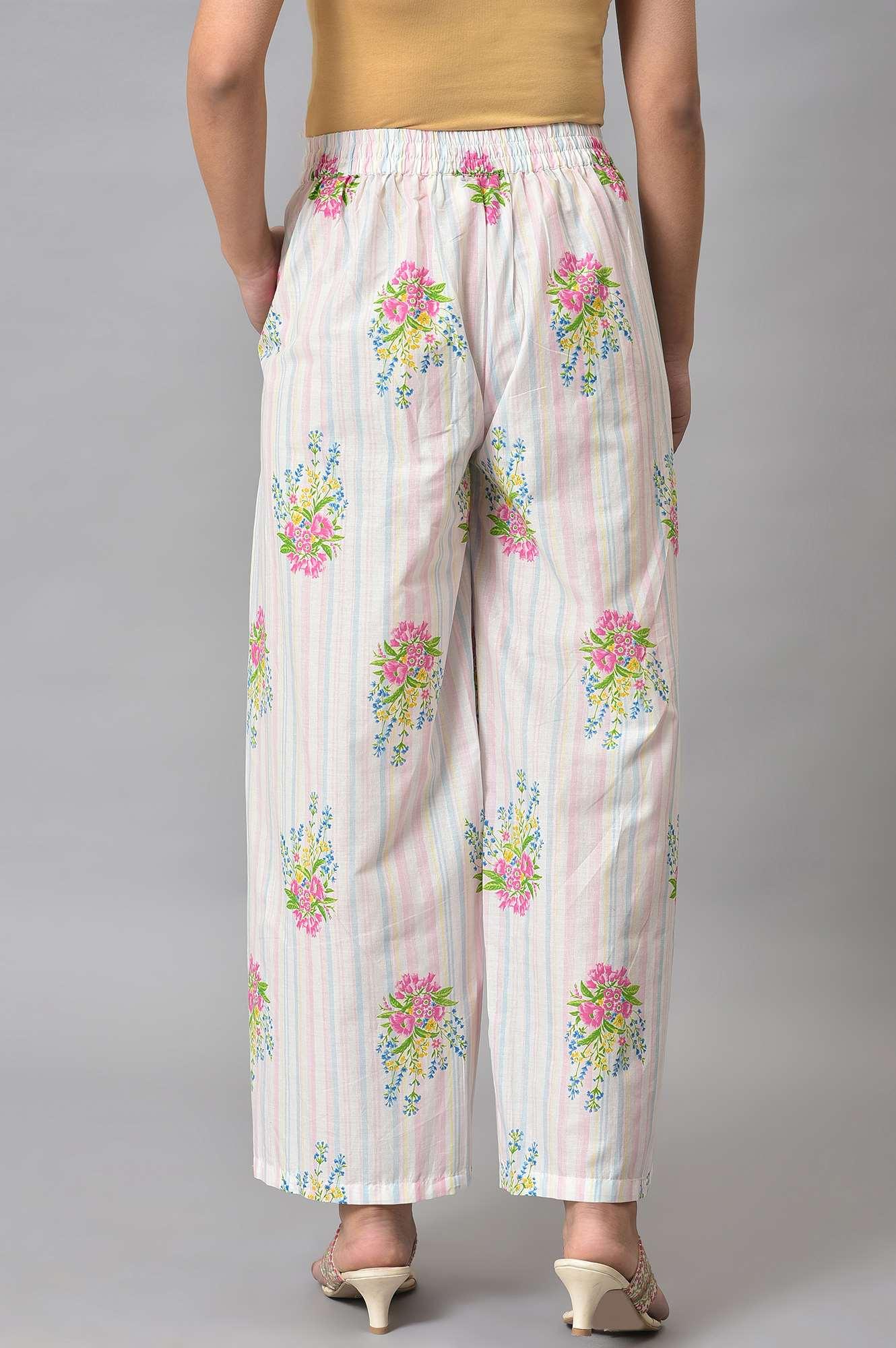 Ecru And Pink Floral Printed Parallel Pants - wforwoman