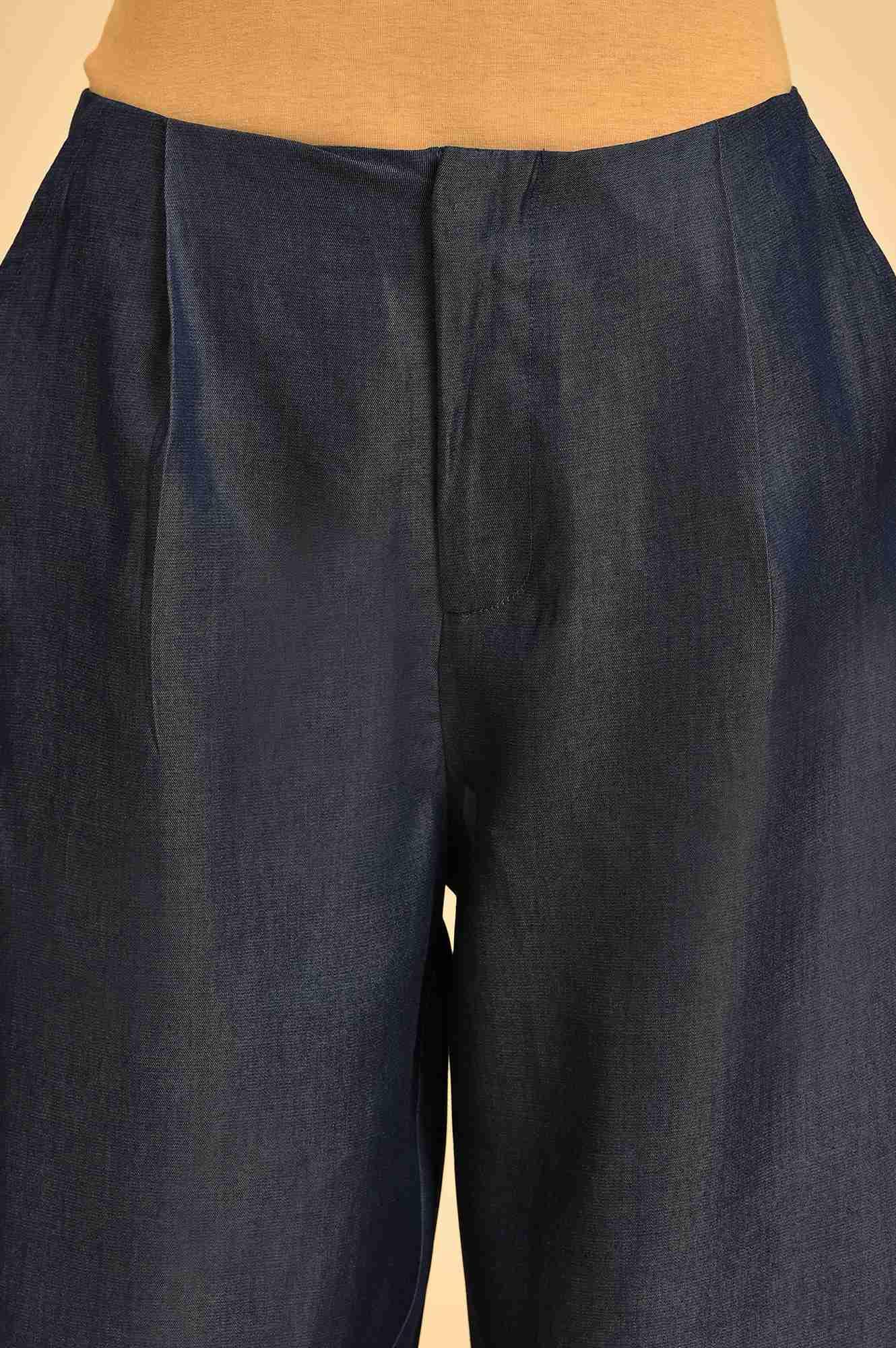 Blue Denim Tencel Pleated Pants - wforwoman
