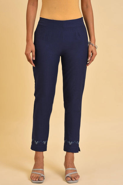Navy Blue Cotton Slim Pants With Embroidered Hem - wforwoman