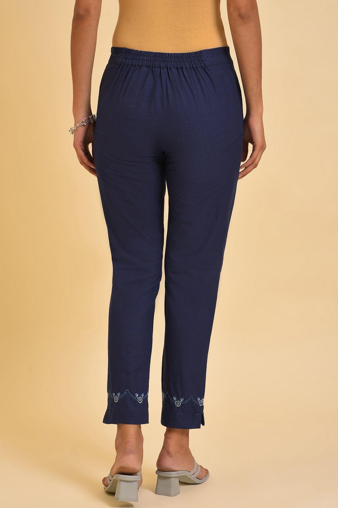 Navy Blue Cotton Slim Pants With Embroidered Hem - wforwoman