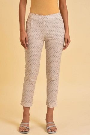 Beige Cotton Flax Printed Slim Pants