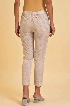 Beige Cotton Flax Printed Slim Pants