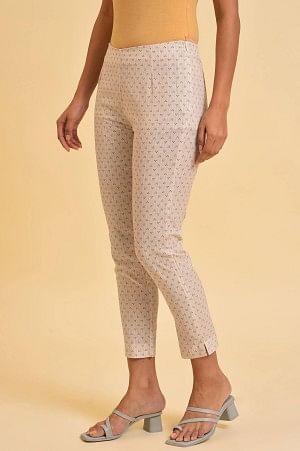 Beige Cotton Flax Printed Slim Pants