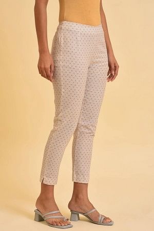 Beige Cotton Flax Printed Slim Pants