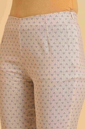 Beige Cotton Flax Printed Slim Pants