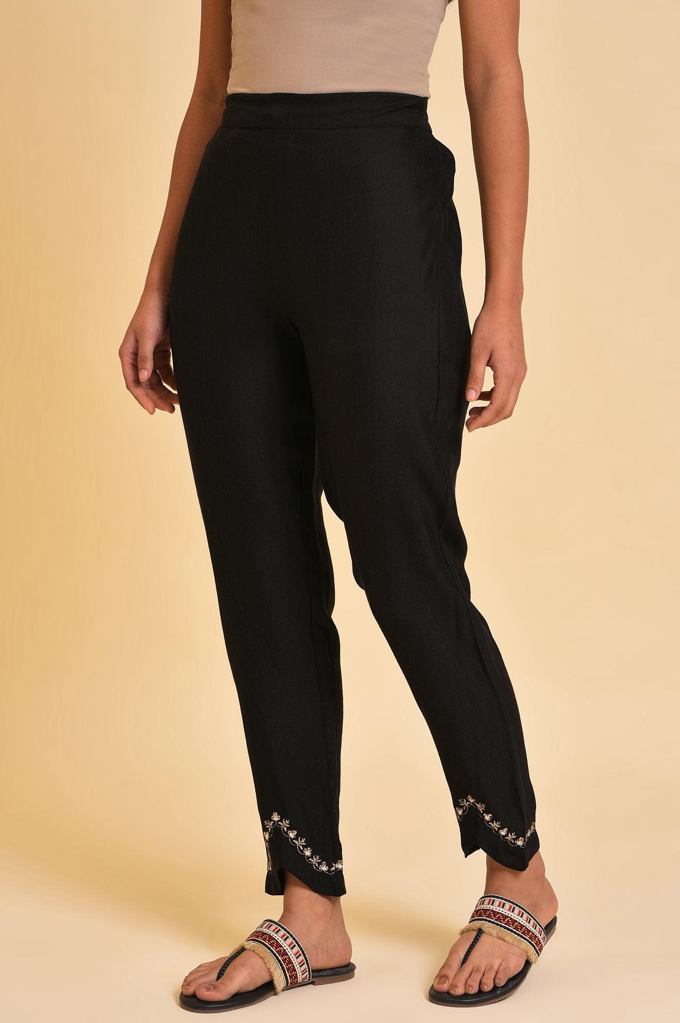 Black Embroidered Slim Pants - wforwoman