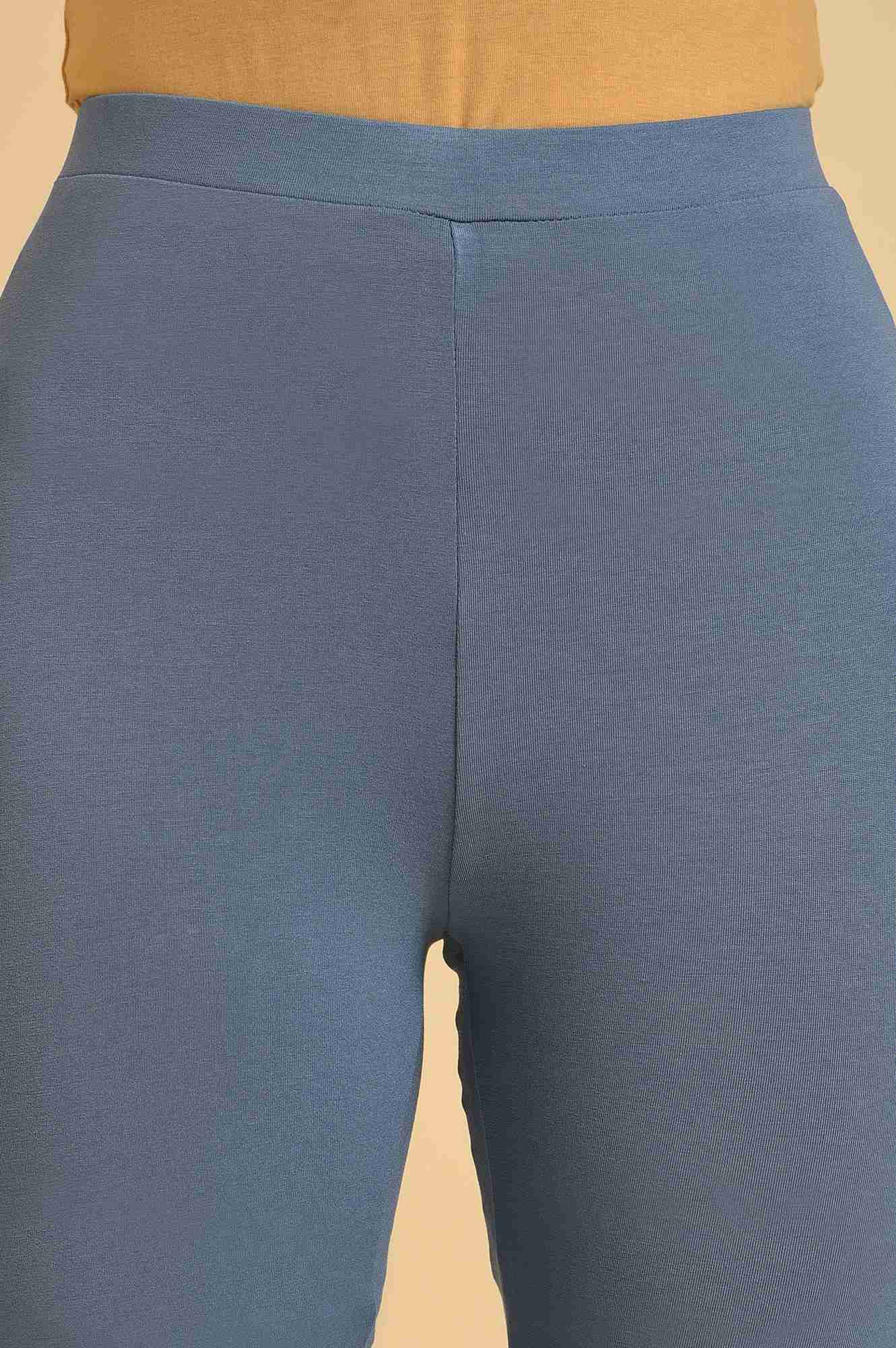 Blue Solid Viscose Lycra Tights