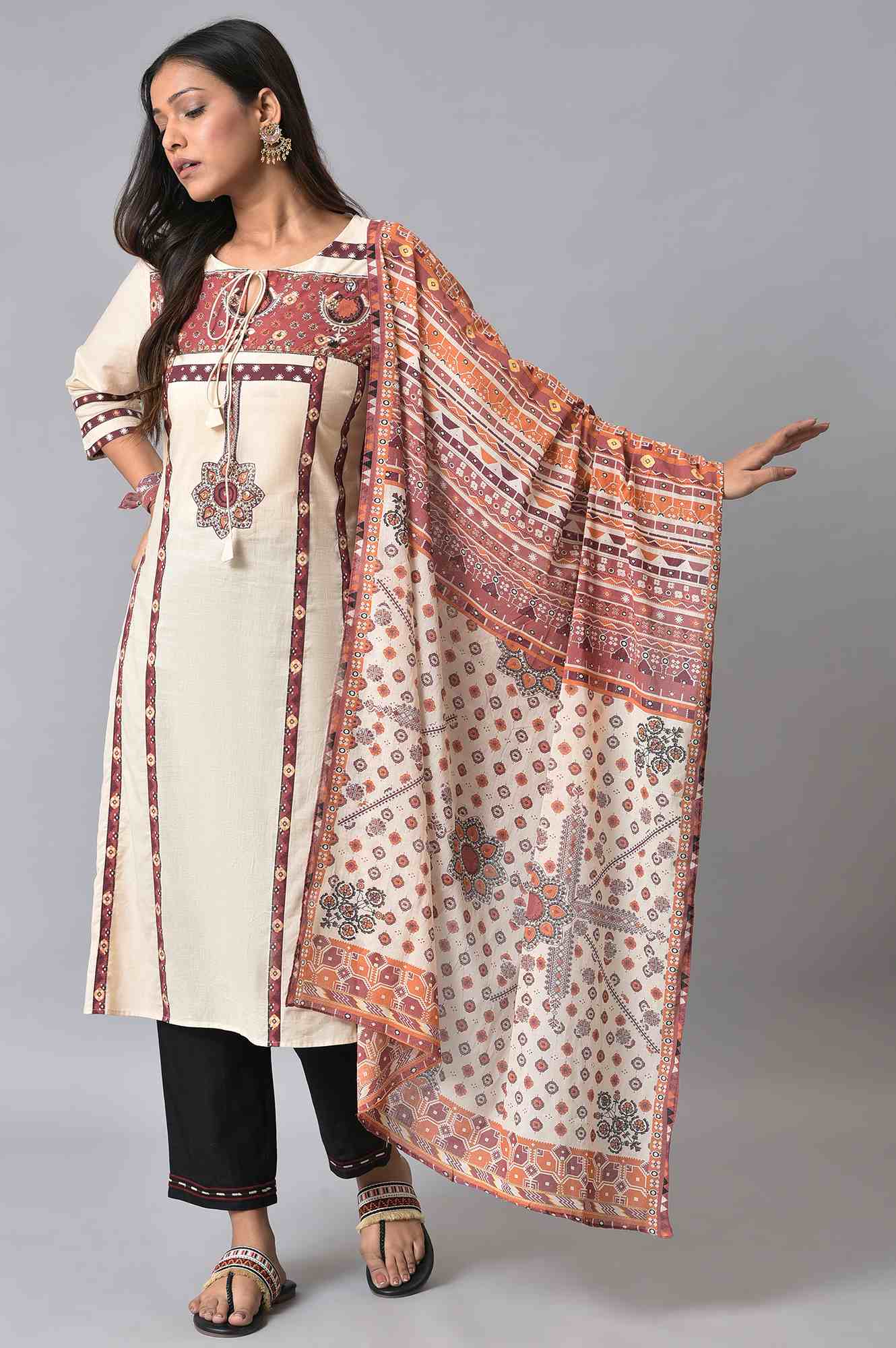 Ecru And Brown Printed Dupatta