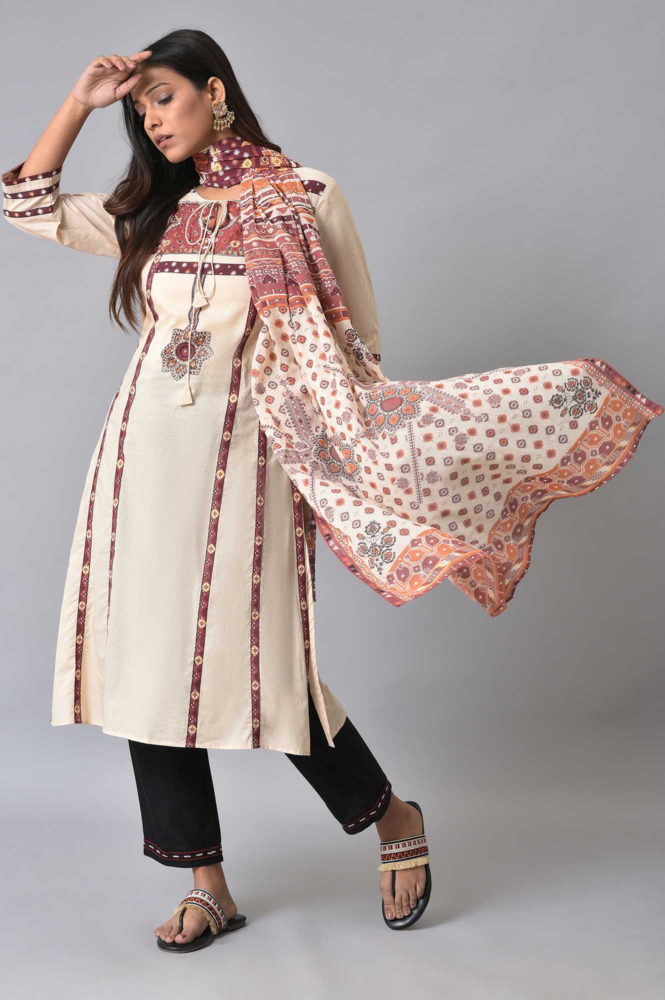 Ecru And Brown Printed Dupatta