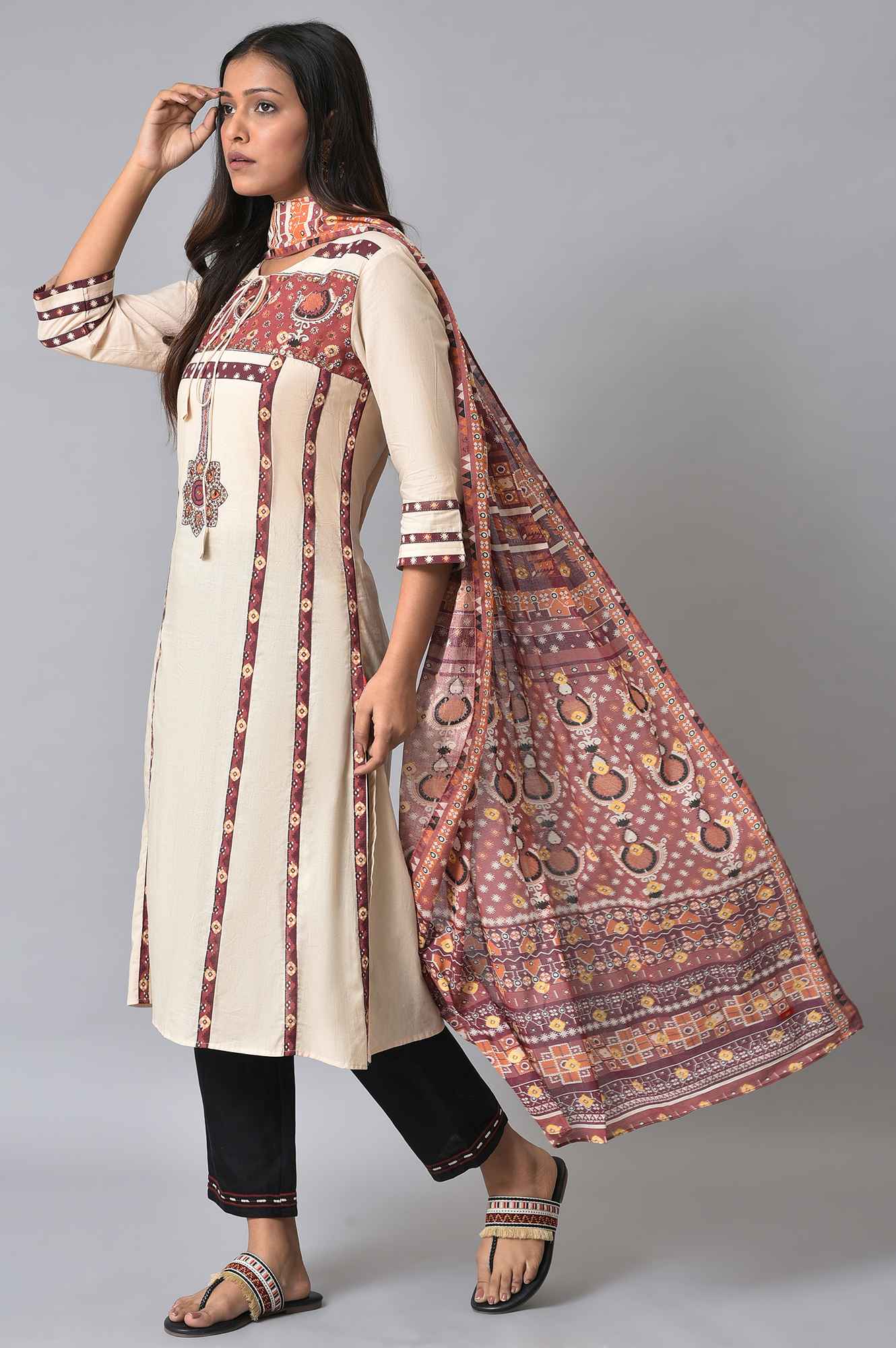 Ecru And Brown Printed Dupatta