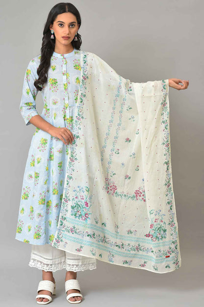 Ecru Floral Printed Voile Dupatta