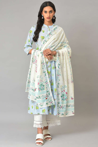 Ecru Floral Printed Voile Dupatta