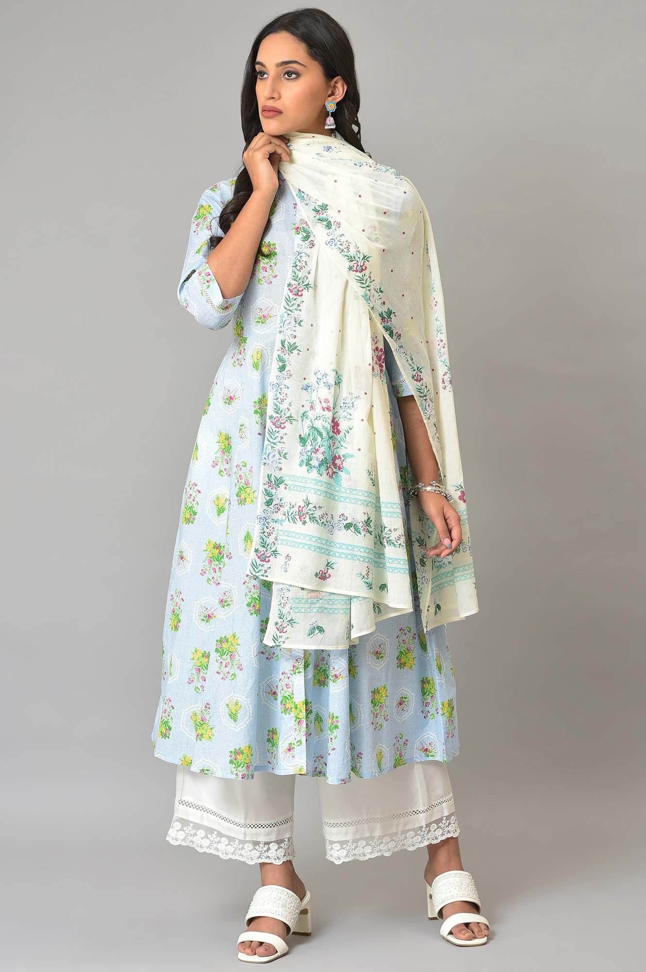 Ecru Floral Printed Voile Dupatta