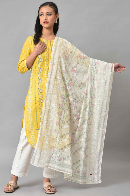 Ecru Colourful Glitter Floral Print Dupatta