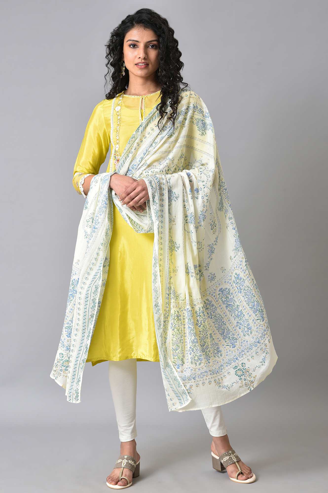 Ecru Colourful Glitter Floral Print Dupatta