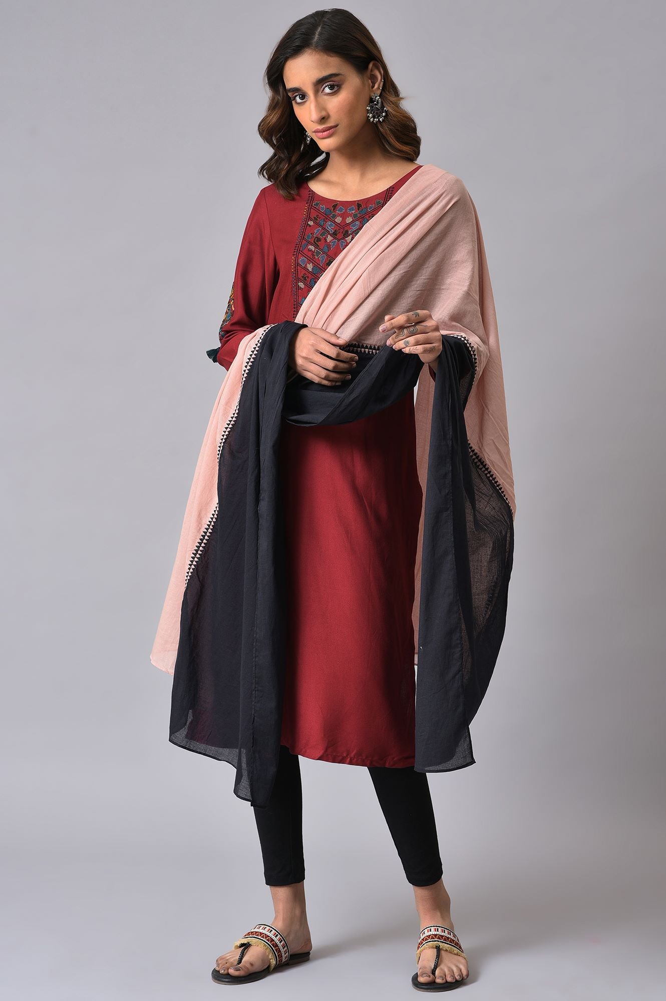 Pink &amp; Black Colourblock Voile Dupatta