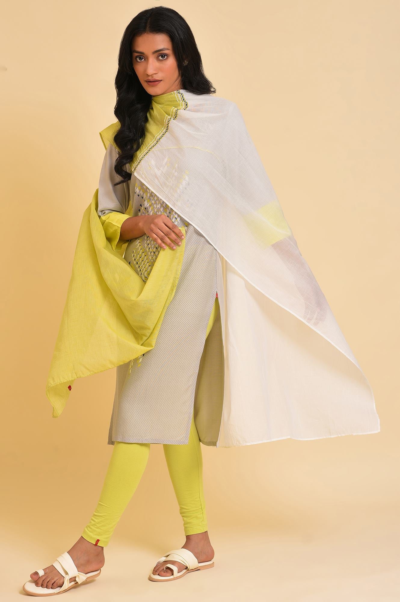 Light Green And White Colour Block Dupatta