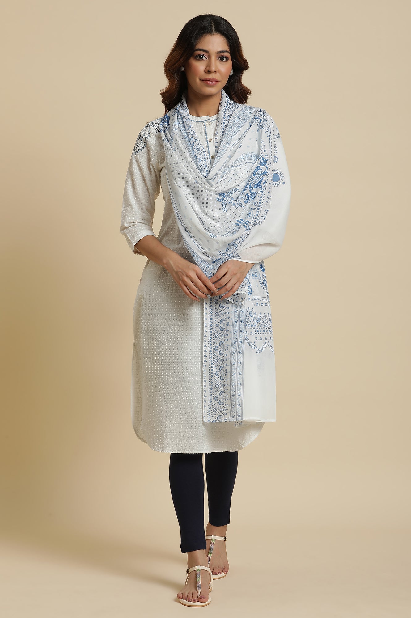 White Voile Dupatta In Blue Floral Print