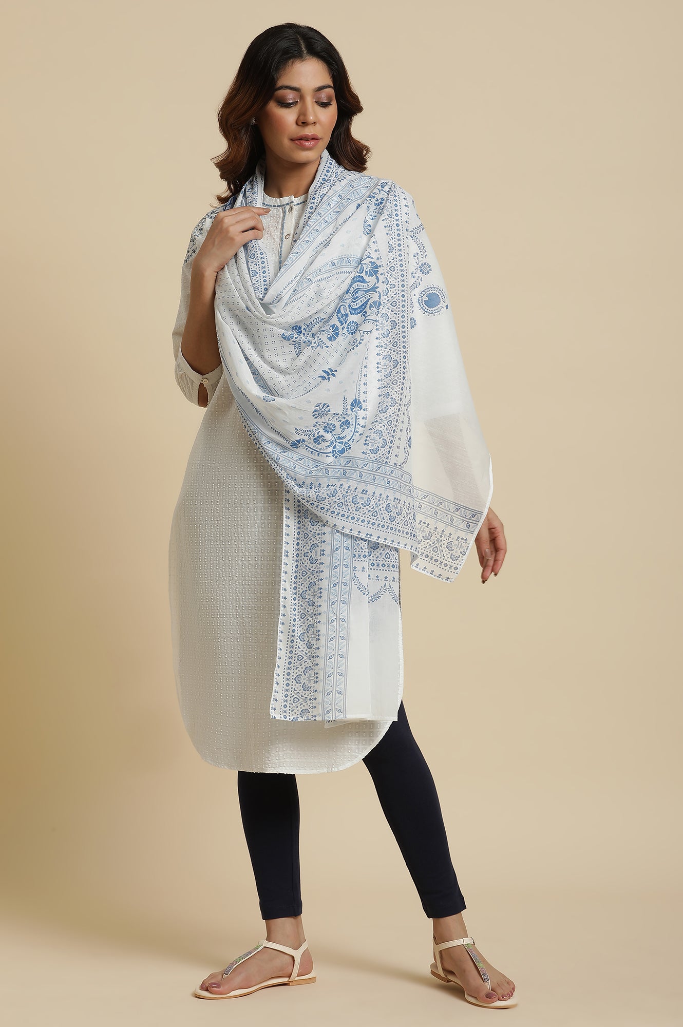 White Voile Dupatta In Blue Floral Print