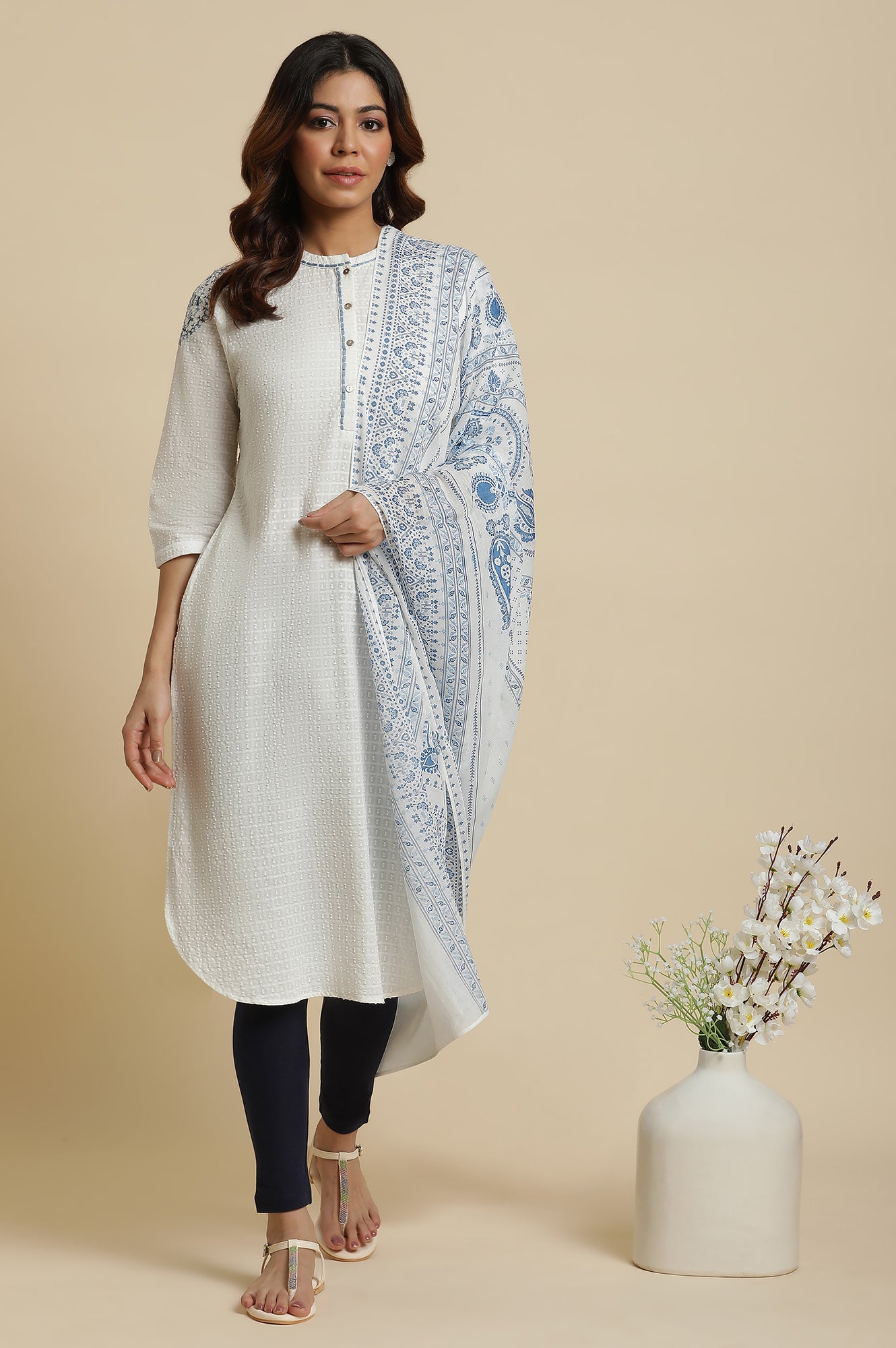 White Voile Dupatta In Blue Floral Print